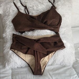 Shimmery Brown Twist High-Waist Bikini Set